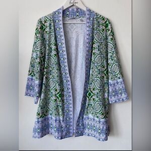 Isaac Mizrahi Live Open Cardigan Soft Green Medallion Pattern With Lavender Trim